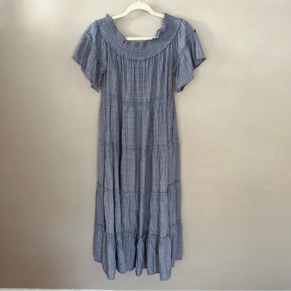 entro Dresses & Skirts - Entro Light Blue prairie Smocked neck lime maxi Dress